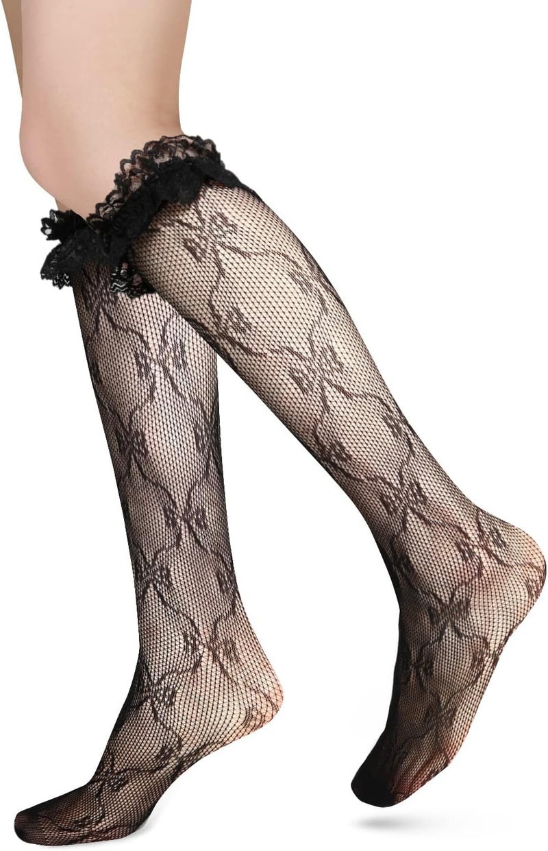 Benefeet Sox Lace Fishnet Knee High Socks Women Girls Ruffle Mesh Knee Highs Lolita Socks Fishnet Stockings - Image 1